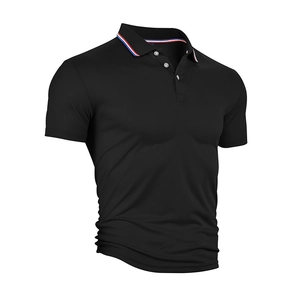 Close-up of black polo shirt collar featuring red, white, and blue striped tipping detail