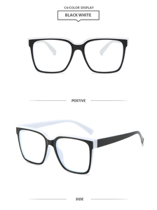 Detailed front and side view of black and white TR90 square anti-blue light glasses frames