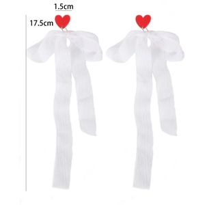 Detail view of heart stud earrings with white lace ribbons, size 1.5cm by 17.5cm