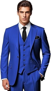 Front view of royal blue three-piece slim fit suit jacket and vest for business men
