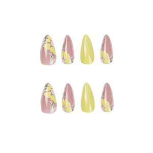 Pink and yellow floral press-on nails in long almond shape on white background