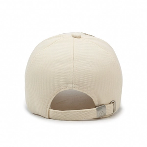 Rear view of cream baseball cap with premium fabric texture and silver metal adjustment buckle