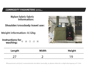 Detailed view of lightweight army green nylon shoulder bag with adjustable strap and dimensions
