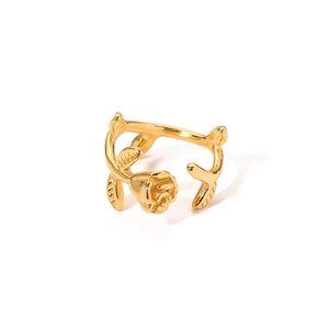 French vintage gold rose stainless steel open ring with leaf and flower bud design