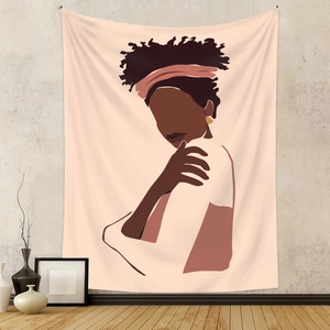 Detail eines Wandteppichs mit minimalistischem afrikanischem Frauenporträt und Deko