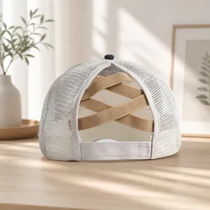 Women's plaid mesh baseball cap with criss-cross elastic ponytail hole in khaki