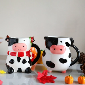 3D cow-shaped ceramic coffee mugs with cute scarves, 20 oz novelty animal milk cups