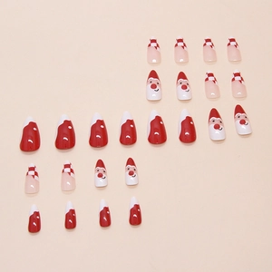 Christmas almond false nails with Santa Claus pattern and red checkerboard design 24pcs
