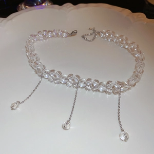 Transparent Glass Bead Choker Necklace With Alloy Tassels Double Row Sparkling Faceted Beads Elegant Jewelry For Women