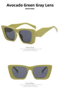 Detailed side and front view of avocado green square frame sunglasses with grey lenses