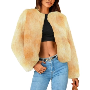 Short faux fur jacket in apricot yellow with round neck for women, autumn winter fashion coat