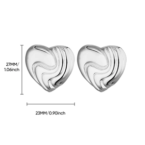 Detailed dimension view of heart-shaped stainless steel earrings measuring 27mm by 23mm
