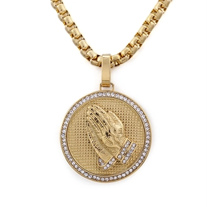 Praying Hands Pendant Necklace Stainless Steel 18K Gold Plated Round Medal Rhinestone Hip Hop Religious Jewelry For Men