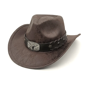 Vintage brown faux leather cowboy hat with bull head buckle and star studs