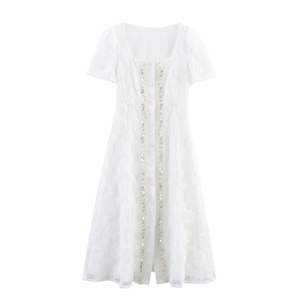 Women Elegant White Lace Embroidery Midi Dress Heavy Beading Square Neck Short Sleeve Single Breasted A-Line Wedding Party Gown