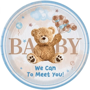 Teddy bear party paper plate for baby shower decorations in light blue and beige