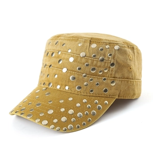 Mustard khaki cadet army cap with silver metal studs in washed canvas on white background