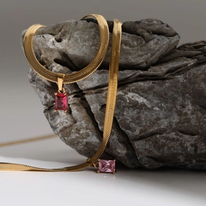 18K gold plated snake chain necklace with rectangular red and pink zircon pendants