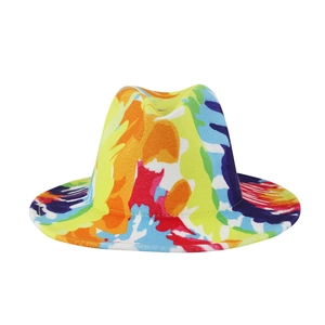 Colorful tie-dye wool fedora hat with vibrant graffiti print for men and women