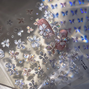 3D embossed iridescent flower and butterfly nail stickers with aurora relief effect