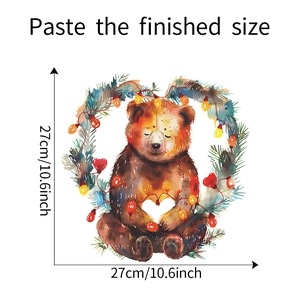Macro shot of 27cm watercolor Christmas bear decal with festive lights and heart detail