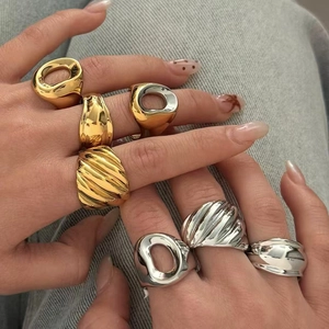 Minimalist Irregular Textured Rings 304 Stainless Steel Gold Plated Croissant Hollow Liquid Metal Geometric Jewelry For Women