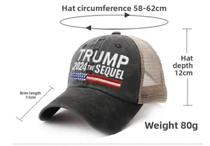 Close-up of Trump 2024 embroidery and American flag on gray washed denim baseball cap