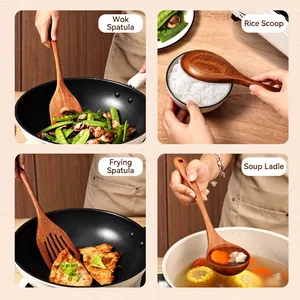 Wooden kitchen utensil set with spatula, rice paddle, and ladle for non-stick cookware