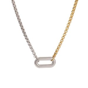 Modern two-tone stainless steel necklace with mismatched gold and silver chains