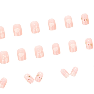 Short square pink jelly press-on nails with white hearts and red flower patterns