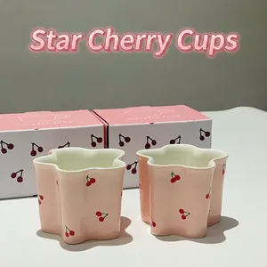 Pink star-shaped ceramic cherry mug with matching gift box for coffee or milk