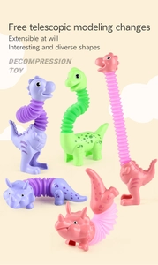 Detailed view of colorful telescopic dinosaur pop tube toys in various fun poses