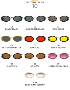Flat lay of retro oval sunglasses in ten color variations on a white background