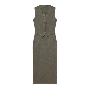Chic sage green V-neck sleeveless buttoned midi dress suit in premium knit fabric