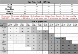 Size chart for men's half-zip knit sweater showing S to XXL measurements in cm and EUR sizes