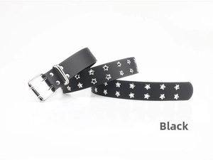 Detail of black punk leather belt featuring silver star rivets and double-prong metal buckle