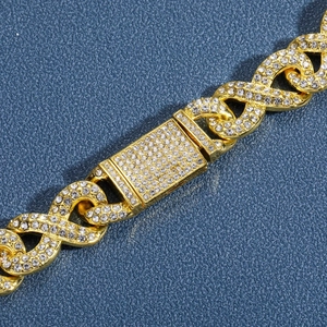 Golden hip hop cuban link chain necklace with diamond infinity symbols and iced-out buckle