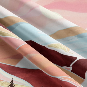 Detail of soft twill landscape tapestry showing artistic mountain print and fabric texture