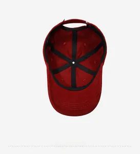 Internal view of the dark red baseball cap showing reinforced seams and sweatband