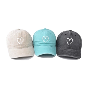 Set of washed cotton baseball caps with embroidered heart, in beige, green, and charcoal grey