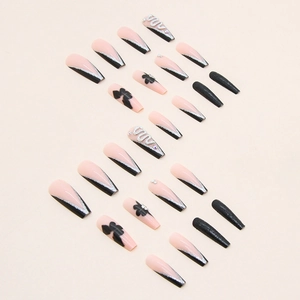 Gothic black and pink long coffin press-on nails with silver glitter and snake patterns