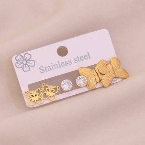 Three-pair set of stainless steel earrings featuring gold butterfly and zircon stud designs