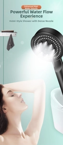 Macro view of matte black handheld shower head showing high-pressure water nozzle panel
