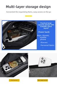Detailed view of multi-layered storage pockets in a durable grey oxford running bag