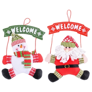 Plush Christmas welcome hanging ornaments with Santa Claus and Snowman figures in red and white
