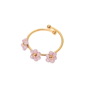 Minimalist 18k gold plated stainless steel ring featuring three pink crystal flowers
