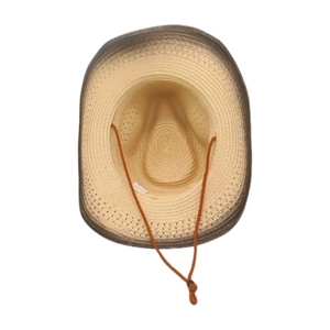 Interior detail view of a Western straw cowboy hat with adjustable chin strap