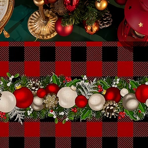 Close-up of buffalo plaid Christmas runner with festive pinecone and berry center design
