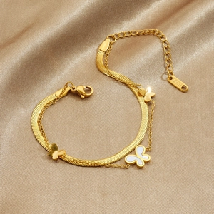 Double-layered gold stainless steel butterfly chain bracelet with white shell inlay