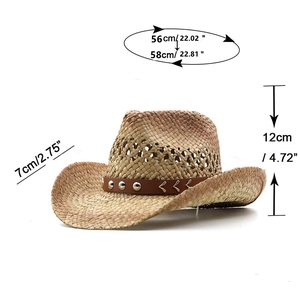 Retro breathable straw cowboy hat with brown leather belt and silver rivet accents